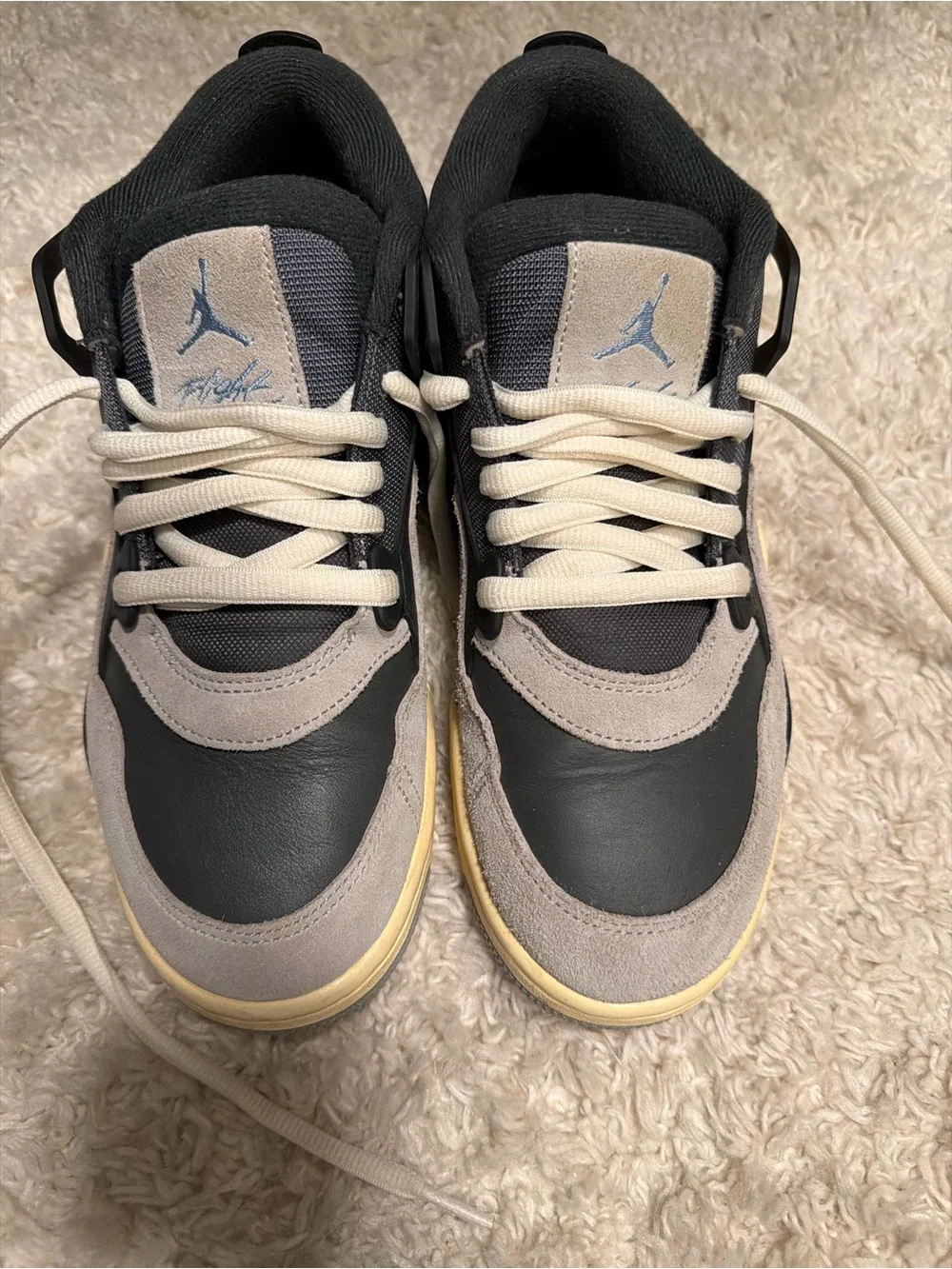 Jordan men’s Low-Top Sneakers in Black, Gray and Cream with Light Blue Jumpman